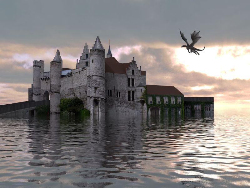 水中城堡和飞龙的3D插图