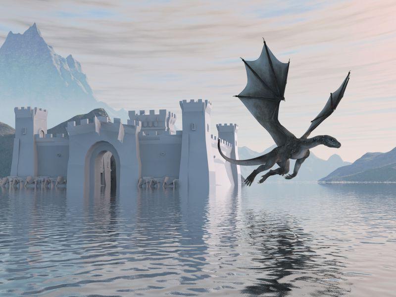 水上的白色城堡和飞龙的3D插图