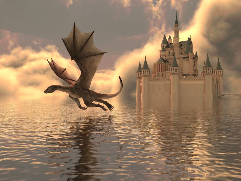 水上城堡与飞龙的3D插图