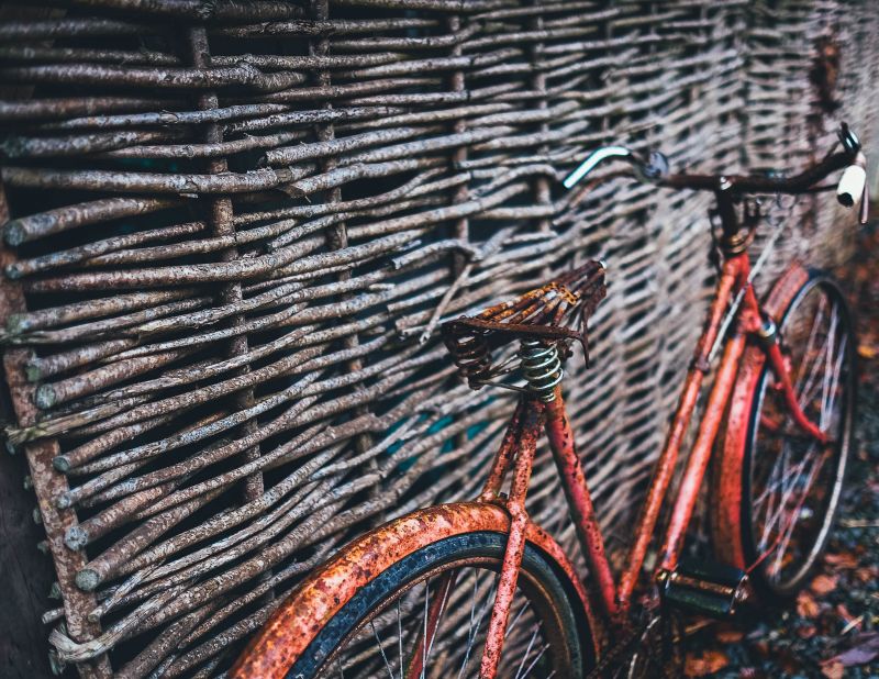 篱笆下破旧掉漆的自行车