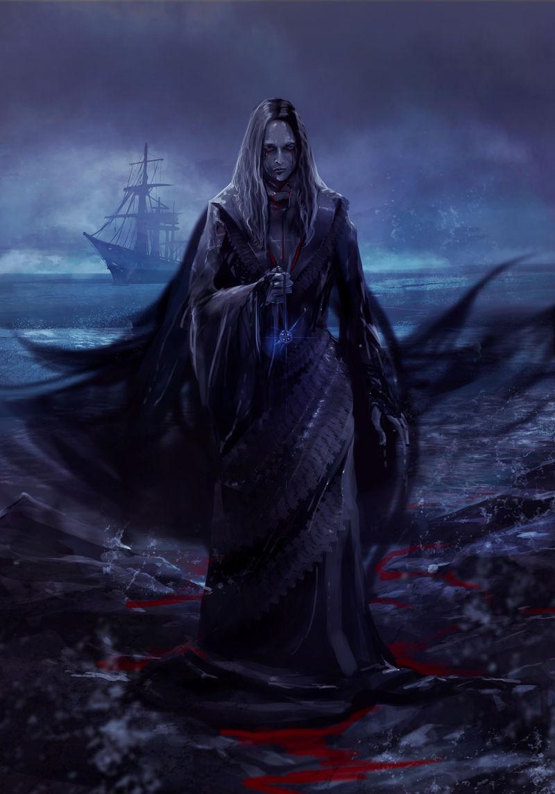 黑色的海岸边站立着一个拿着符咒的幽灵女人