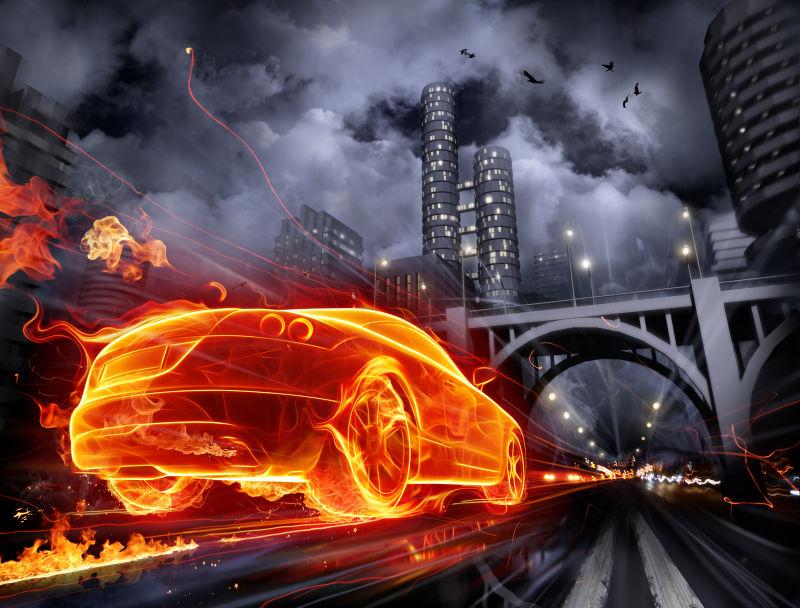 阴天奔跑在城市路上的汽车形状的火焰