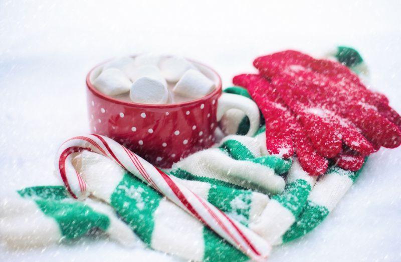 在圣诞节的雪地里的棉花糖和围巾
