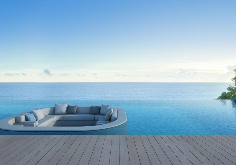 豪华海洋景观酒店的沙发露台和游泳池