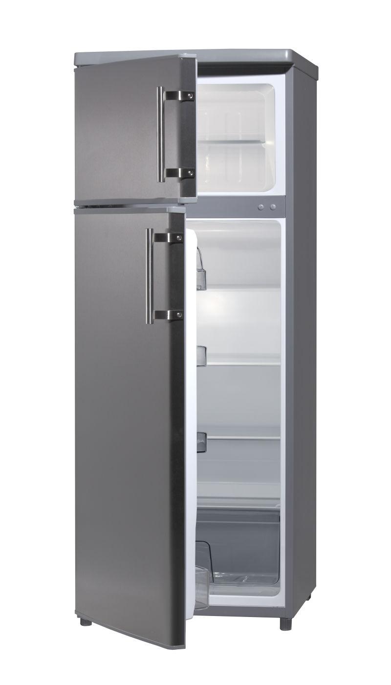 白色背景中双开门的灰色冰箱