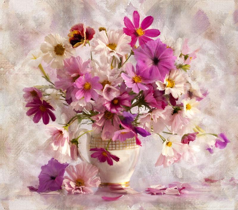 白色花瓶里的粉色和紫色的花朵油画