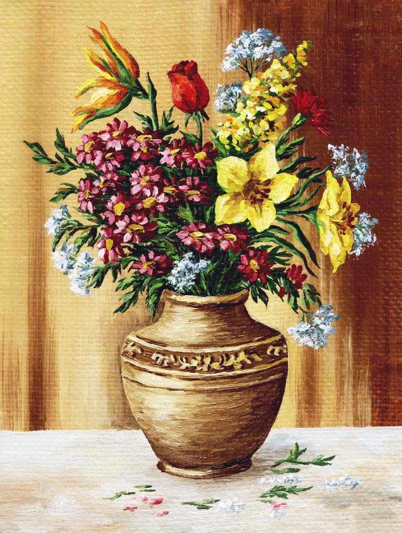 画布上陶土花瓶里的花儿的油画