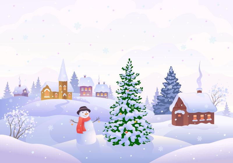 冬天圣诞树和雪人卡通漫画