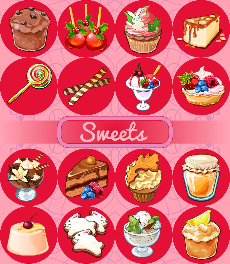 矢量插图风格的糖果和甜点图标