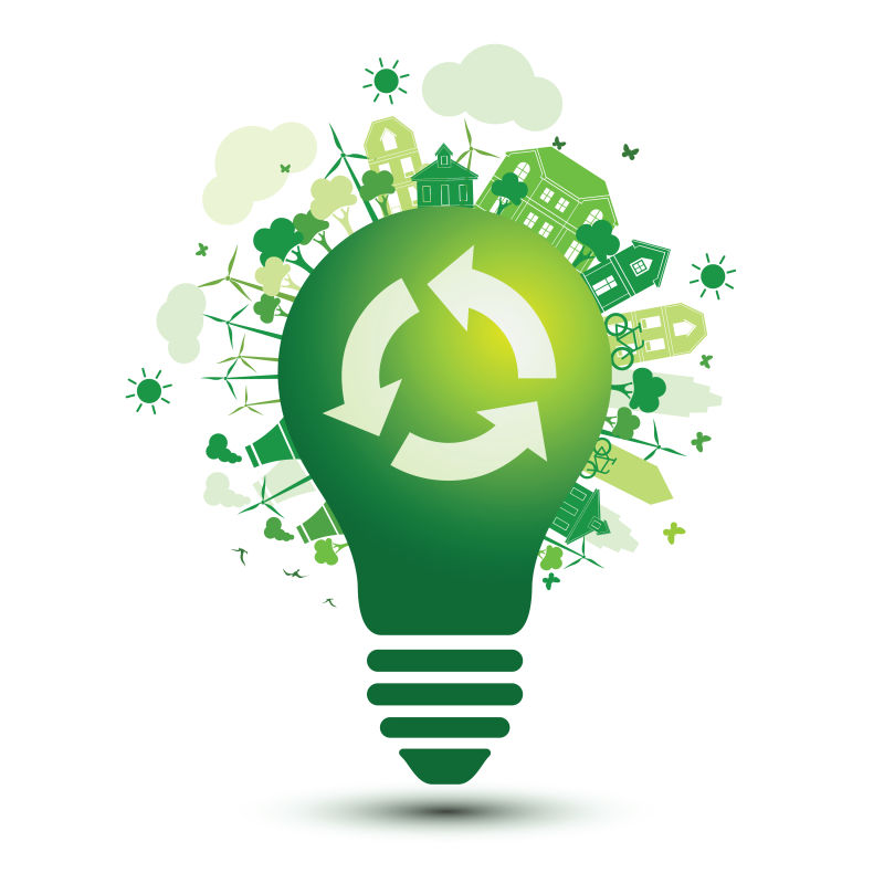 可回收标志的的绿色灯泡矢量绿色生态主题插图