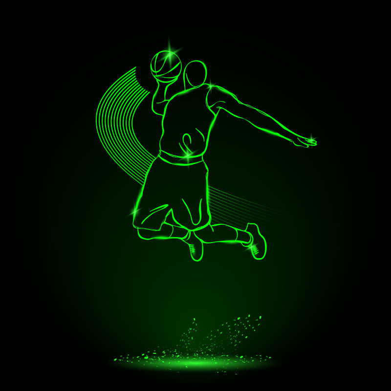 打篮球的人绿色发光轮廓矢量设计