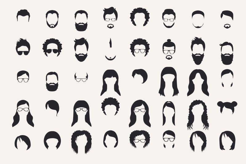 不同发型和胡子的矢量插图