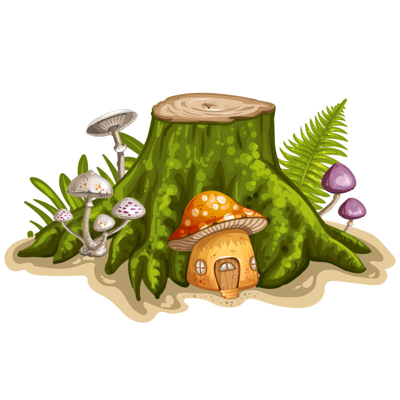 矢量卡通树桩下的小蘑菇屋