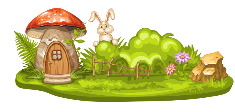 创意矢量卡通可爱的森林蘑菇屋和兔子