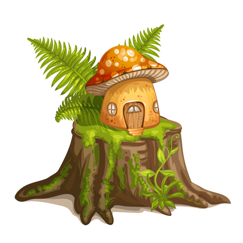 创意矢量卡通树桩上的小蘑菇屋