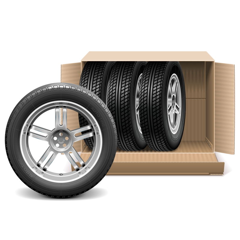 纸箱里的汽车轮胎矢量插图设计