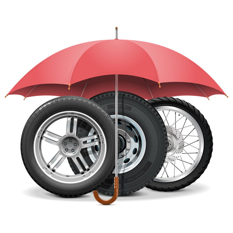 红色雨伞下的汽车轮胎矢量插图