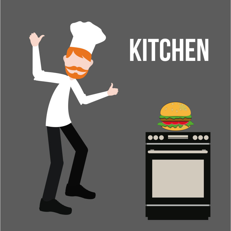 厨房里制作汉堡的厨师矢量插图