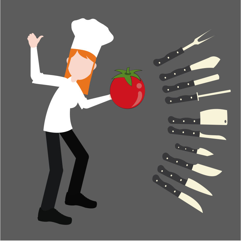 拿着番茄的女厨师和厨房餐具矢量插图