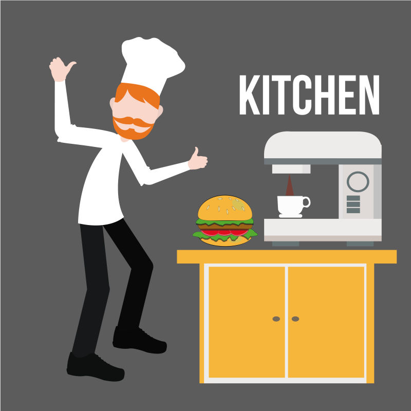 厨师和柜子上的汉堡矢量插图