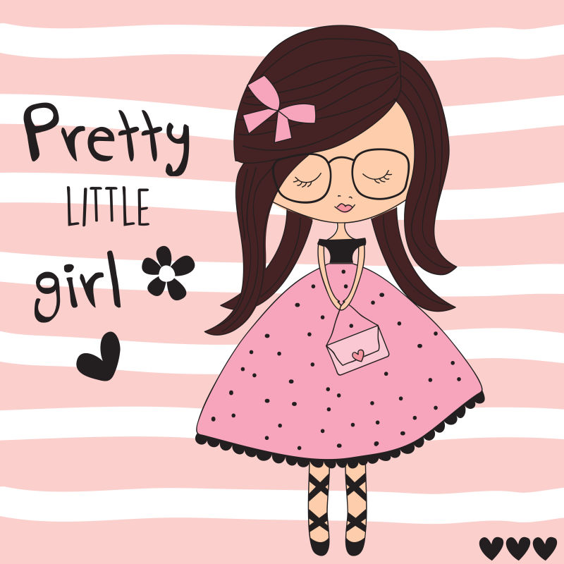 身穿粉色长裙的可爱女孩矢量插图设计