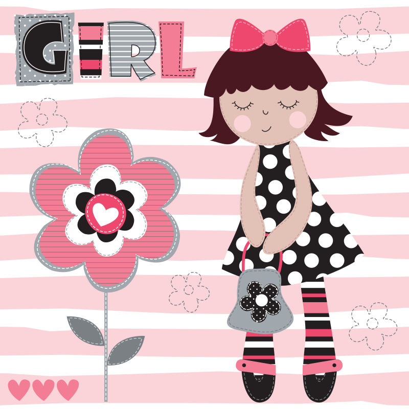 粉色花卉背景下的可爱小女孩矢量插图
