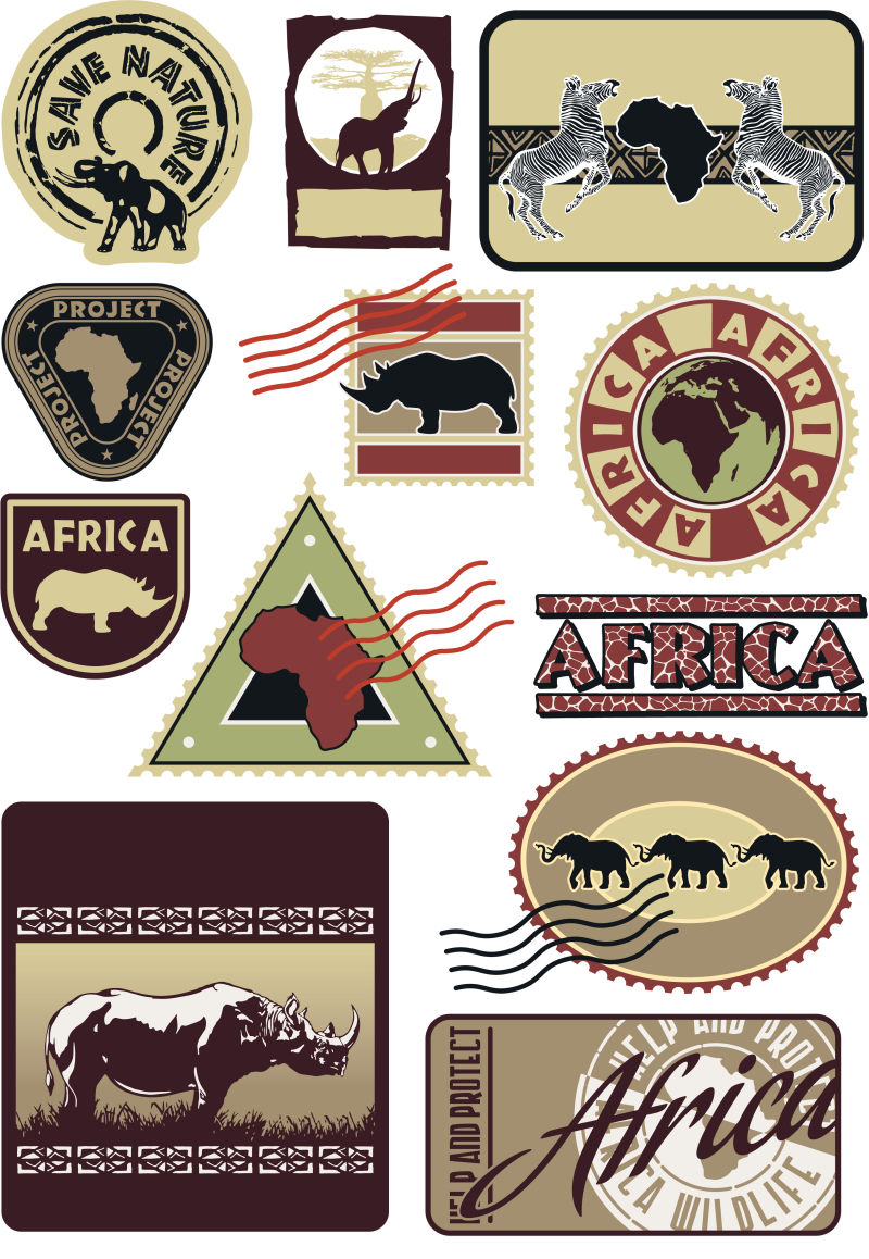 创意矢量非洲野外动物标签设计