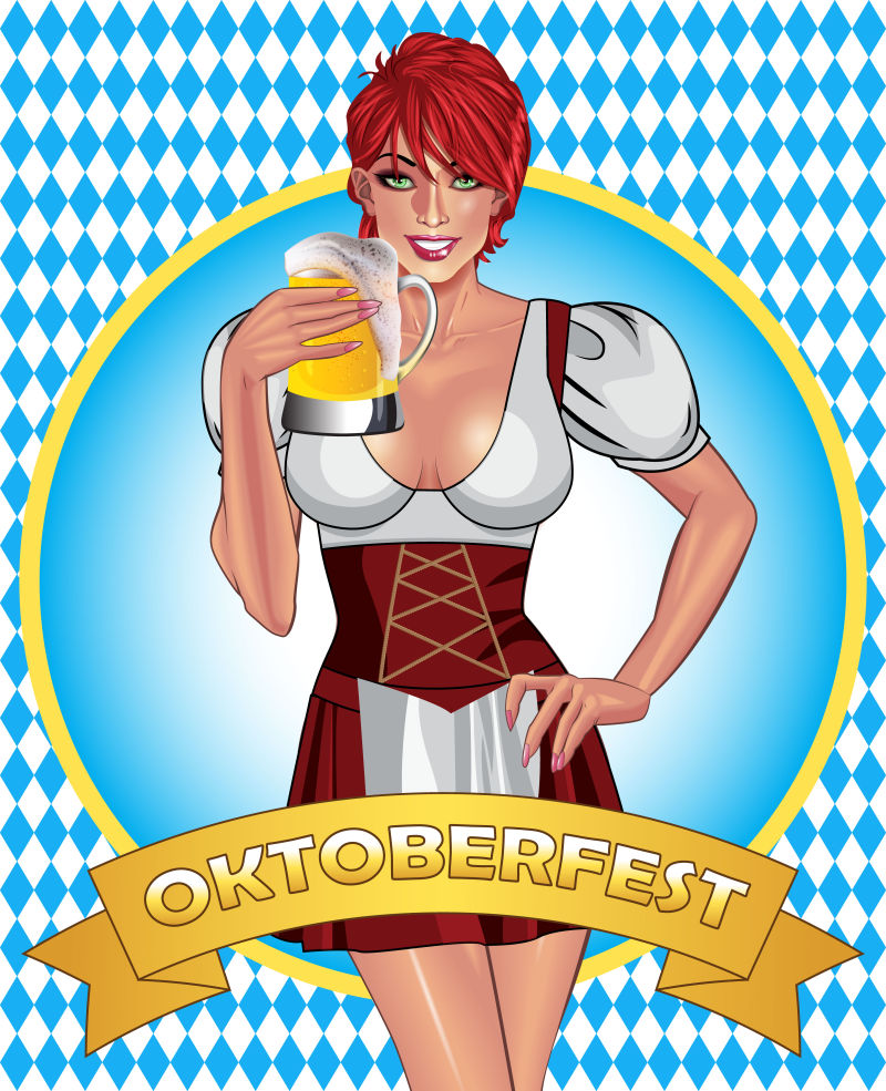 创意矢量啤酒节卡通女服务员的插图