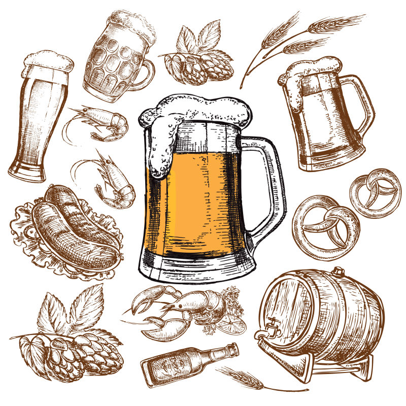 创意矢量手绘啤酒相关的插图插图