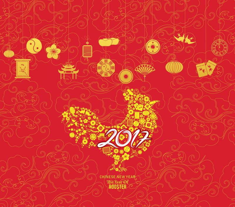 金色公鸡图案的矢量新年贺卡设计
