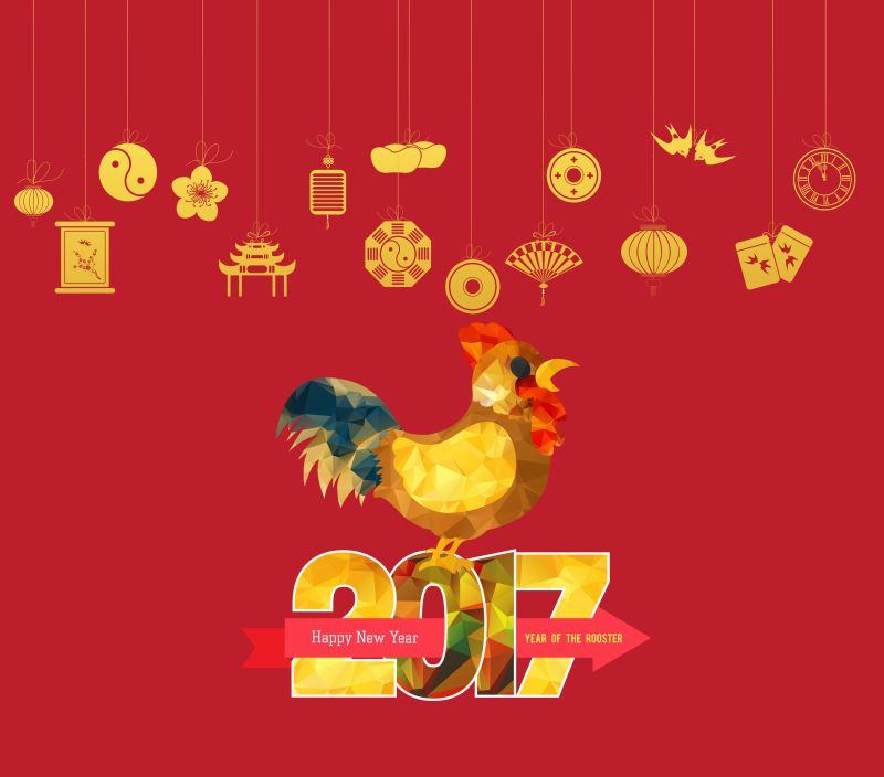 公鸡图案的新年贺卡矢量设计