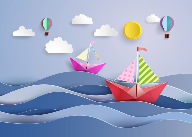 折纸制作的彩色帆船和气球矢量