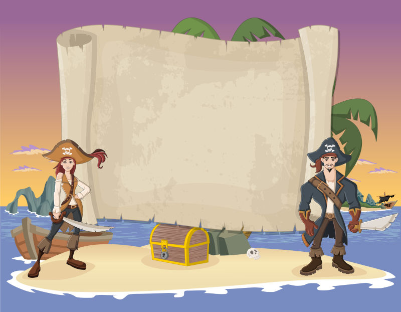海盗和空白的藏宝图矢量插图