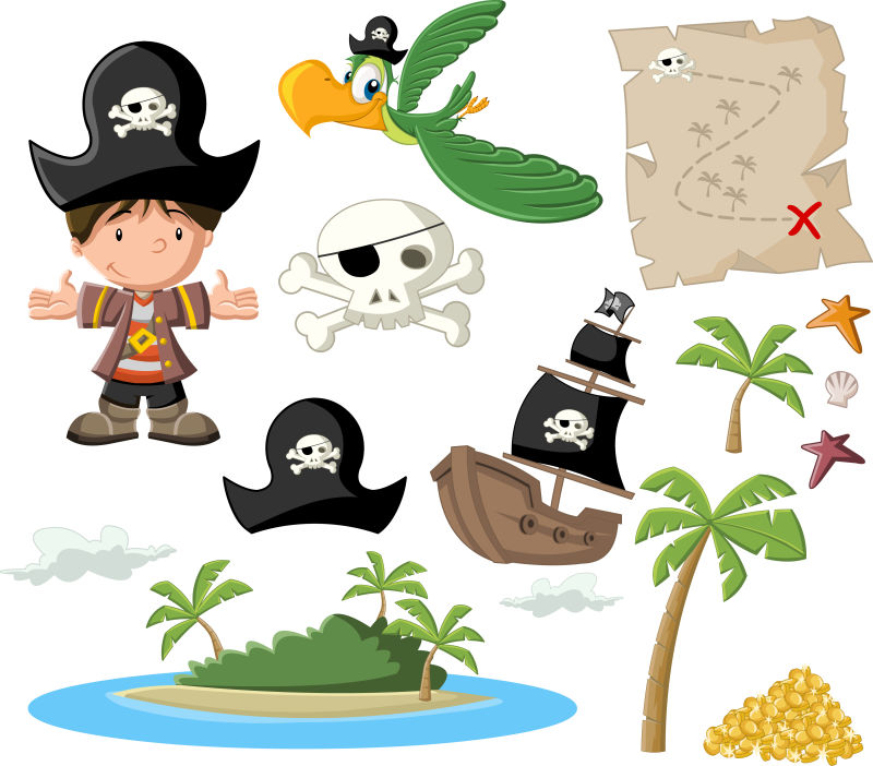 矢量的海盗男孩和大海宝藏插图