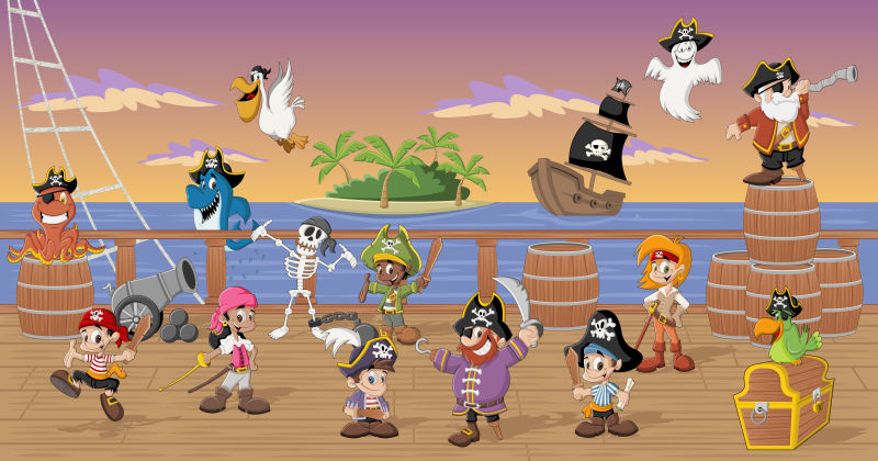 甲板上的海盗矢量卡通插图
