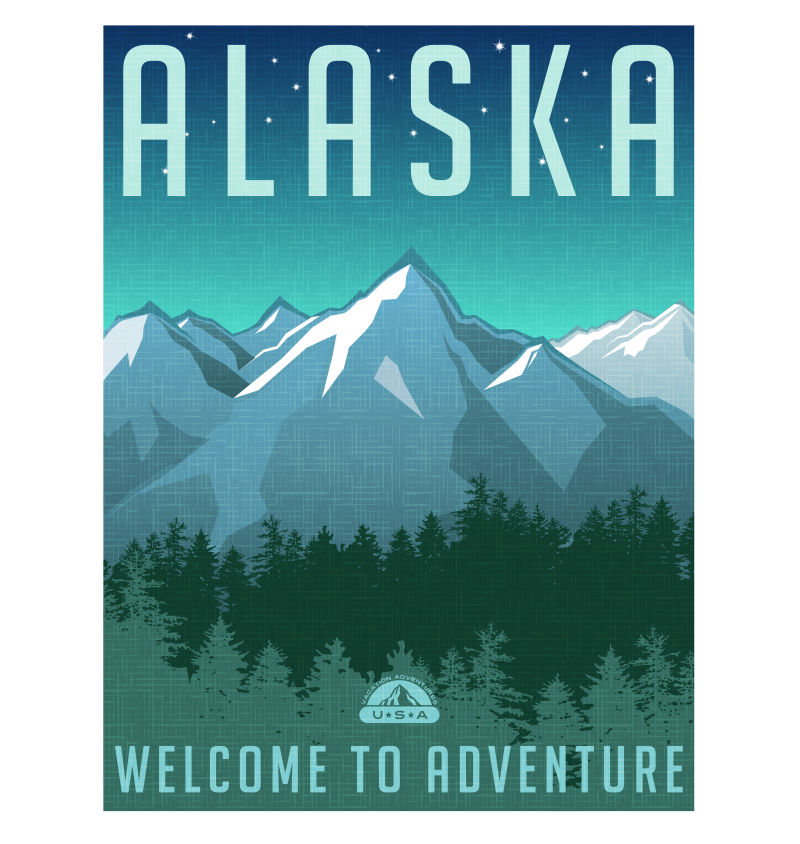 创意矢量阿拉斯加山景观的旅行海报