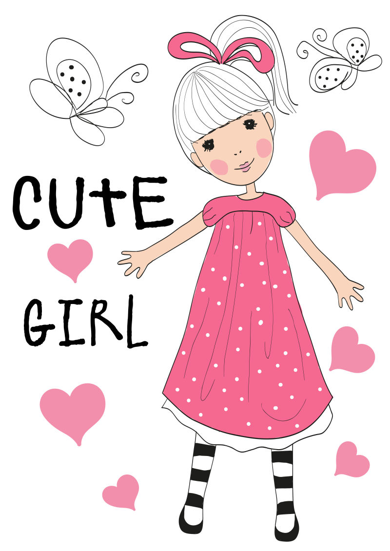 矢量的卡通小女孩穿着斑点图案粉色长裙