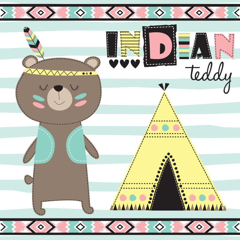 印第安服饰的熊宝宝矢量插图