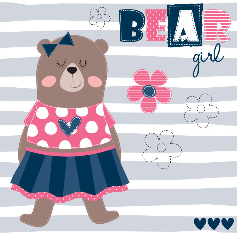 穿着粉色连衣裙的可爱小熊矢量插图