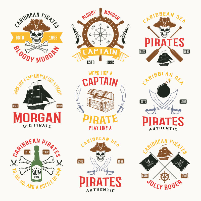 矢量彩色复古风格的海盗元素的徽章标志