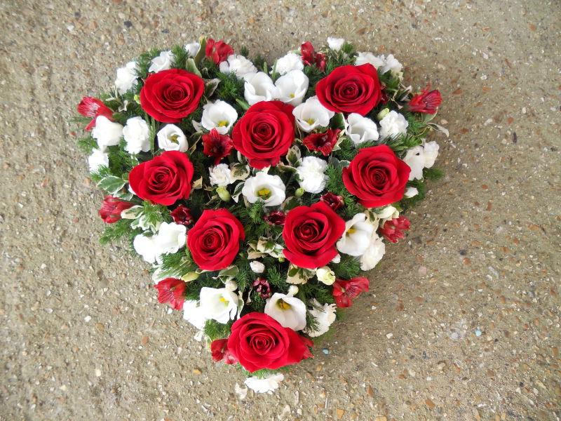 地上的红色玫瑰和心形花的情人节概念