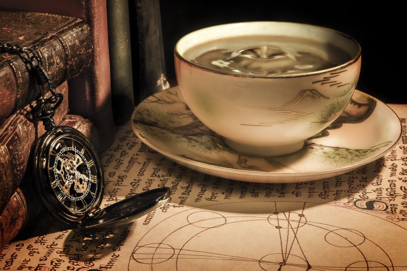 桌子上的古董手表书和茶碗