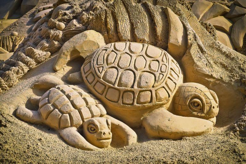 沙滩上两个可爱的乌龟沙子雕塑