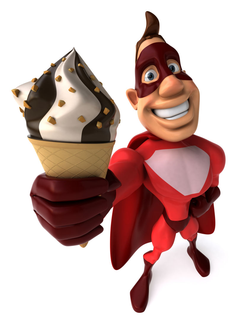 卡通版超级英雄拿着冰淇淋