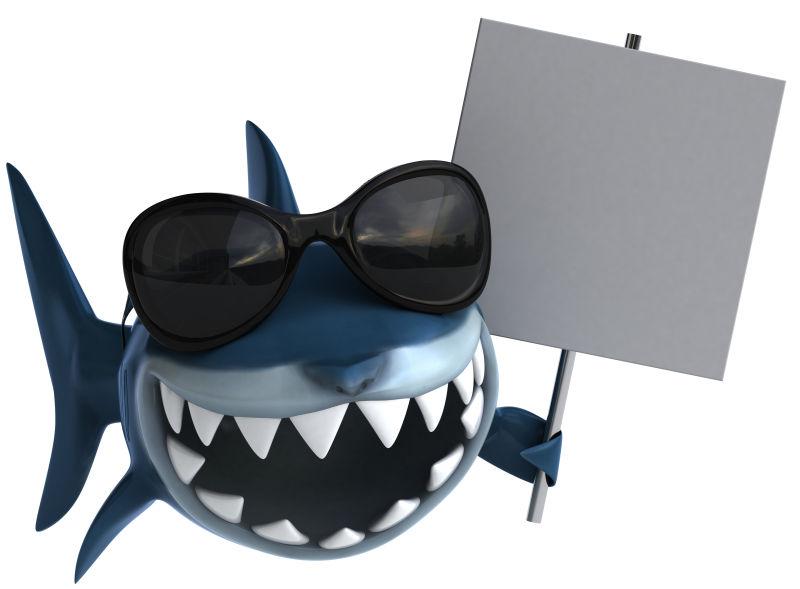 卡通鲨鱼拿着空白广告牌
