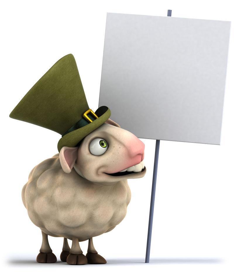 空白广告牌前戴帽子的小羊