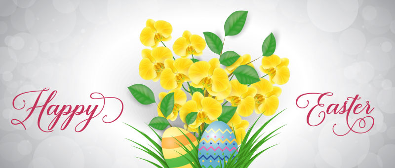 有黄色兰花和鸡蛋的复活节彩字传单