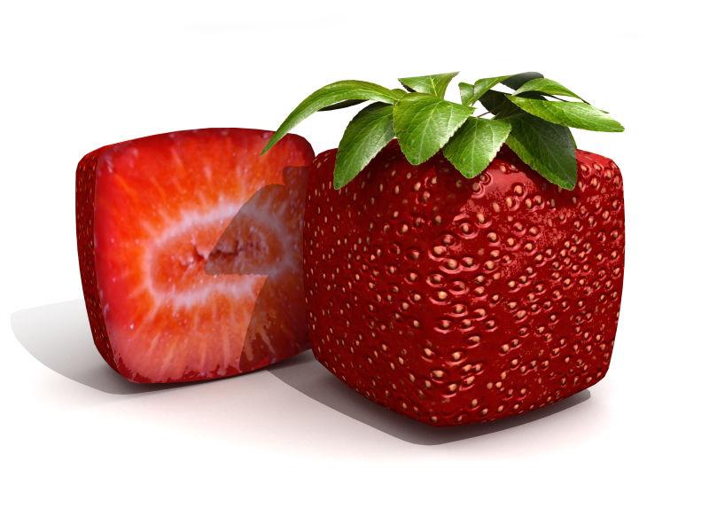 白色背景前的方块草莓