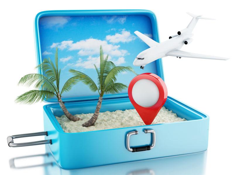 蓝色旅行箱中的3D飞机和地图指针