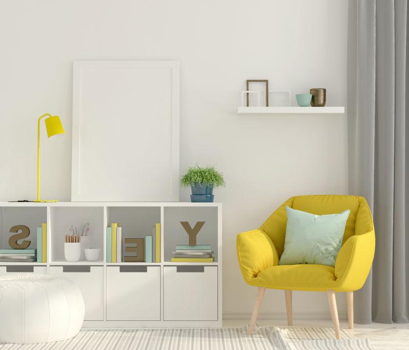黄色扶手椅和白色的橱柜的室内设计